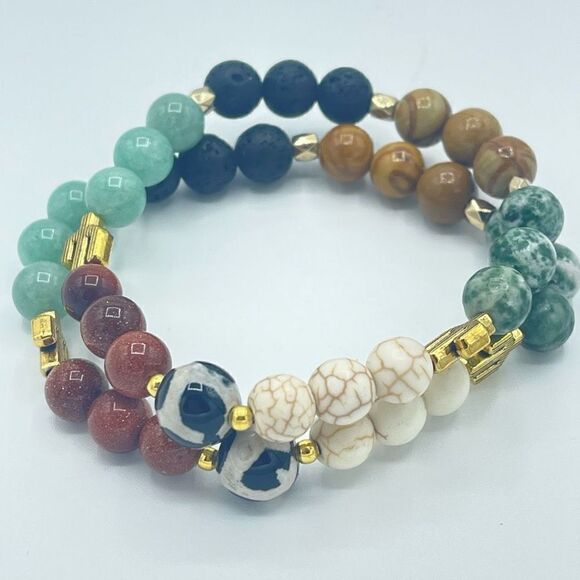 Desert cowgirl beaded stretch bracelet ONE NEW sandstone lava amazonite wood gra - Picture 3 of 6